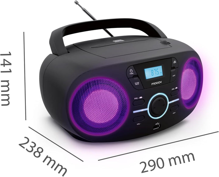 Mooov 477415 Tragbarer CD-Player, CD-Audio-Lesegerät CD-R/CD-RW/CD-MP3, FM-Radio, USB-Anschluss, LED