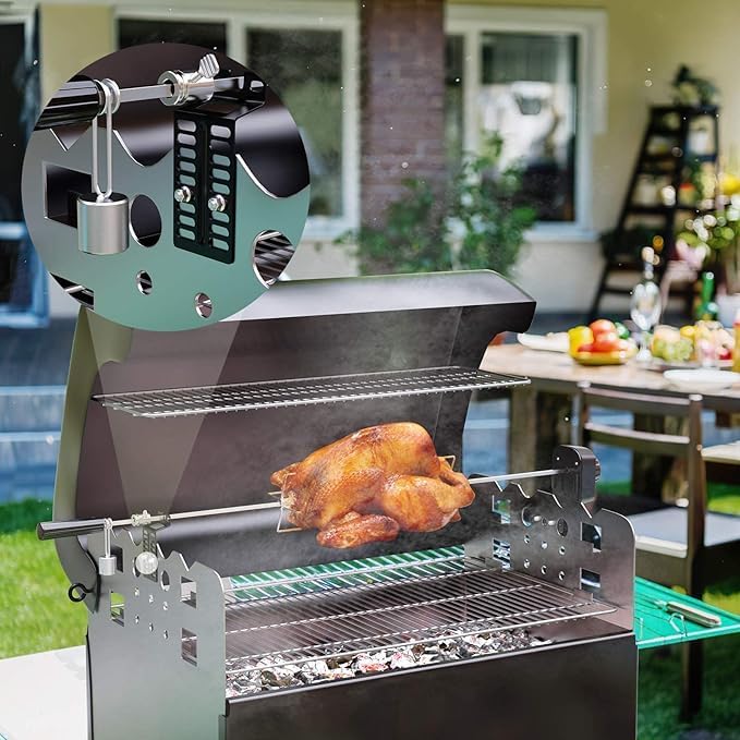 Elektrischer Grillspiess Set mit Motor | Edelstahl-Drehspiess 220-240V für Gas-/Holzkohlegrills | Un