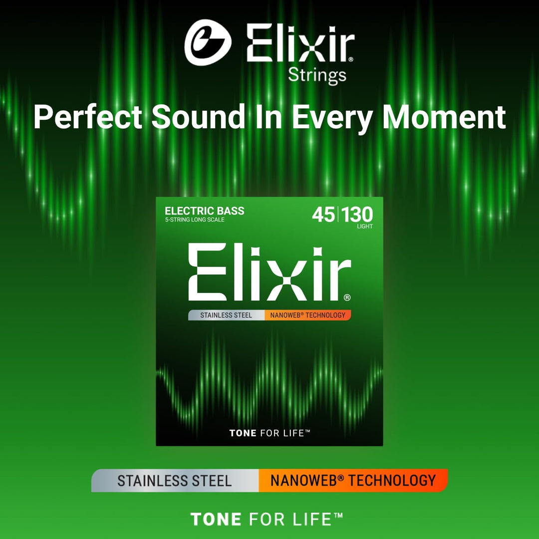 Elixir® Saiten Stainless-Steel 5-str. E-Basssaiten mit NANOWEB® Beschichtung, Long Scale, Light (.04