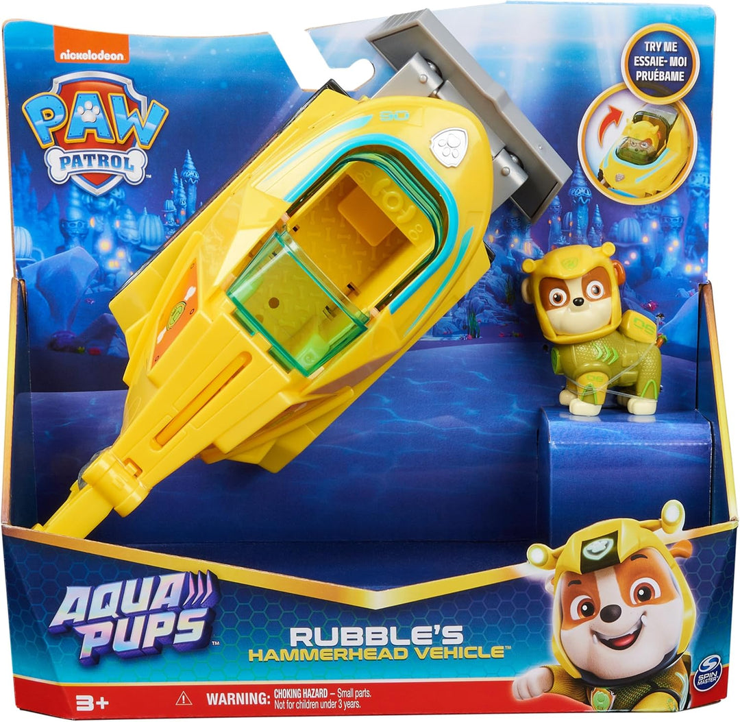 PAW PATROL, Aqua Pups - Basis Fahrzeug Spielzeugauto im Hammerhai-Design mit Rubble Welpenfigur, Spi