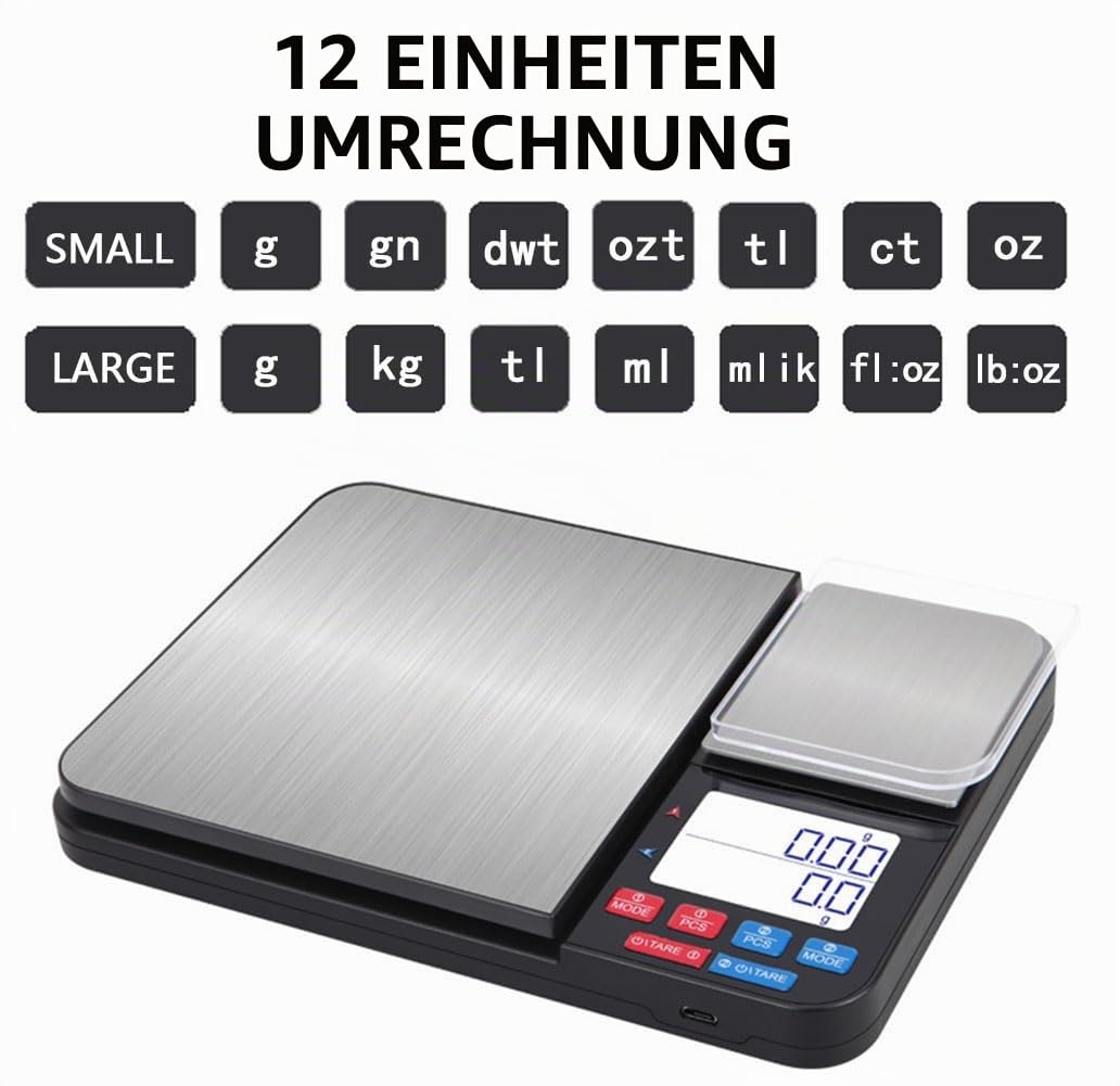 Wiederaufladbare Küchenwaage mit zwei Gewichtsplattformen 12 Wägeeinheiten Display mit klarer Hinter
