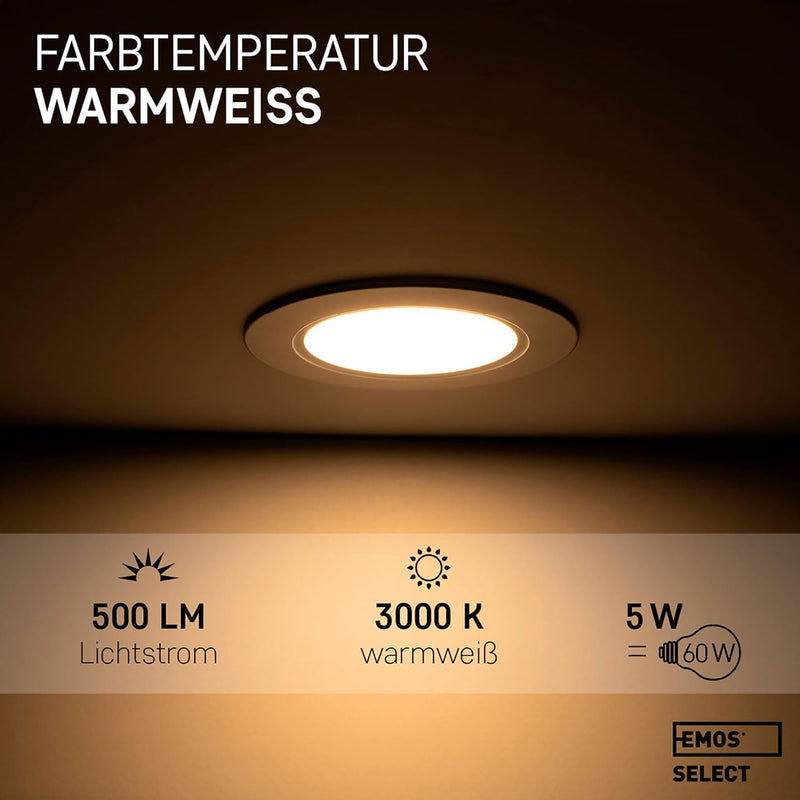 Emos Downlight LED Einbauleuchten 3000K warmweiss | Set mit 6 LED Spots wasserfest IP54 für Bad, Ter