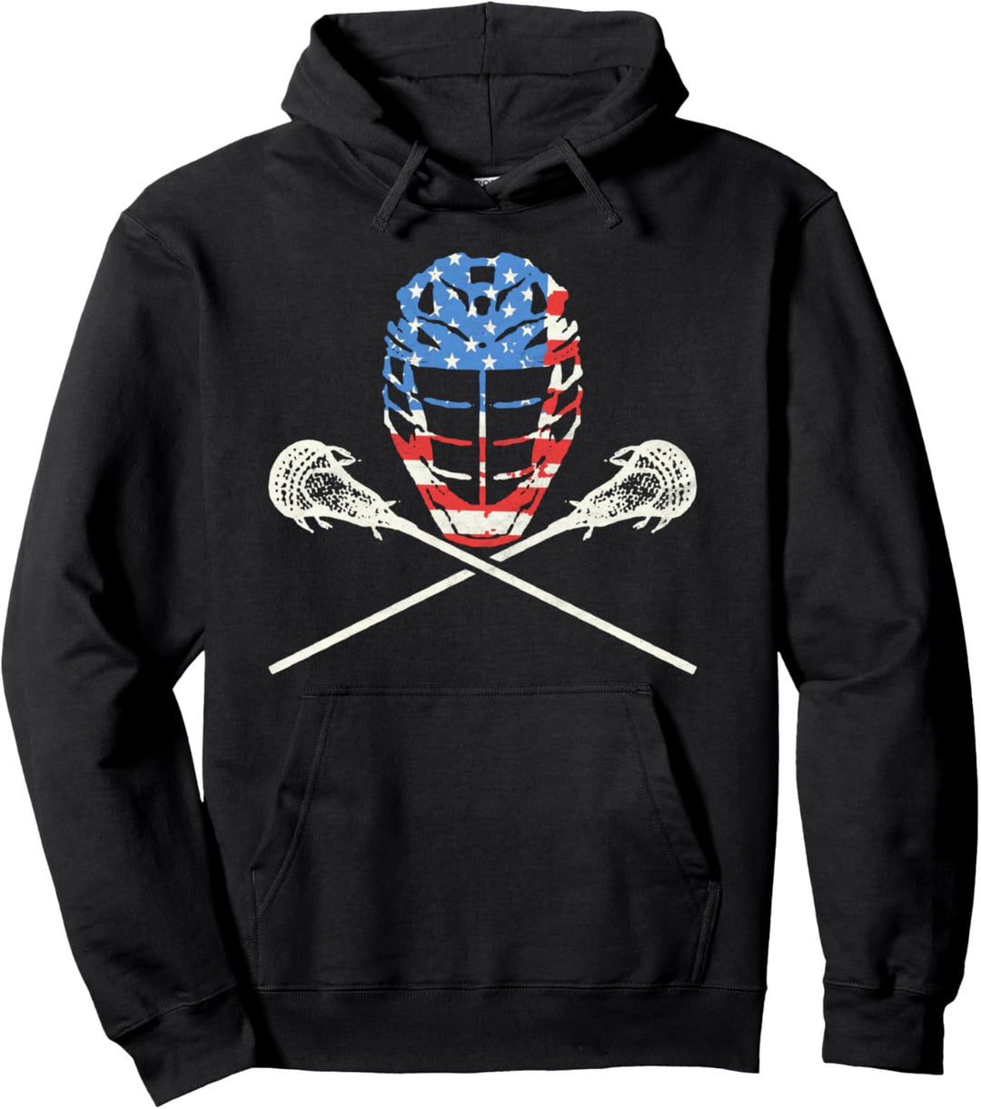 Lacrosse Helmet & Crossed Sticks Retro American USA Flag Pullover Hoodie