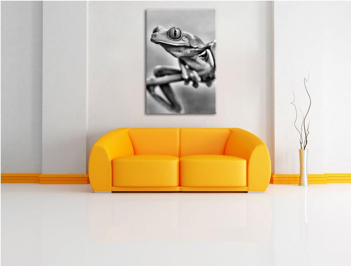 Pixxprint Grüner Frosch auf AST als Leinwandbild | Grösse: 100x70 cm | Wandbild | Kunstdruck | ferti