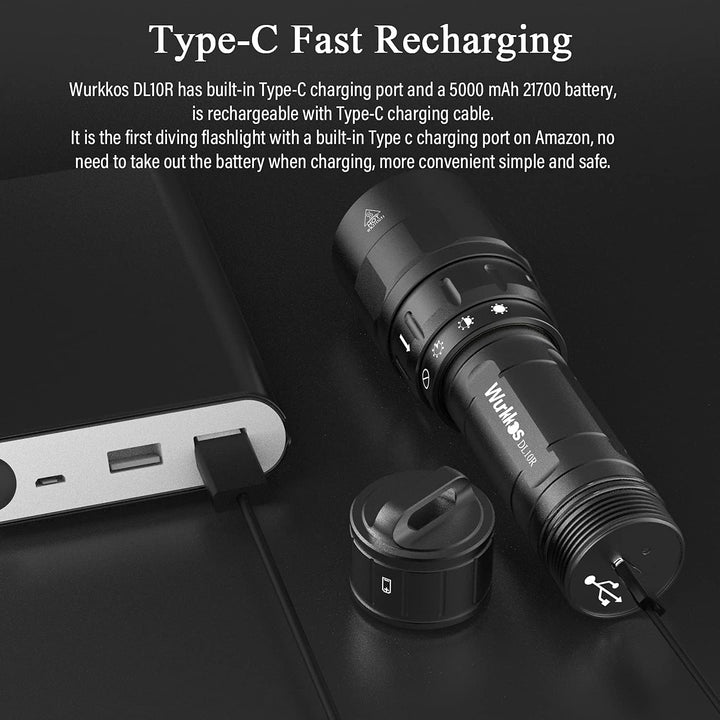 Wurkkos DL10R Tauchlampe, 4500 Lumen Unterwasser Taschenlampe Eingebaute USB-C-Aufladung, Cree XHP70