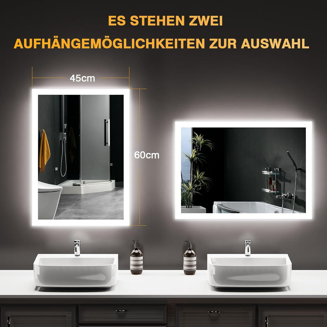 Badezimmer Spiegel mit Beleuchtung, 45 x 60cm LED Bad Spiegel mit Licht, Antibeschlag, Badezimmerspi