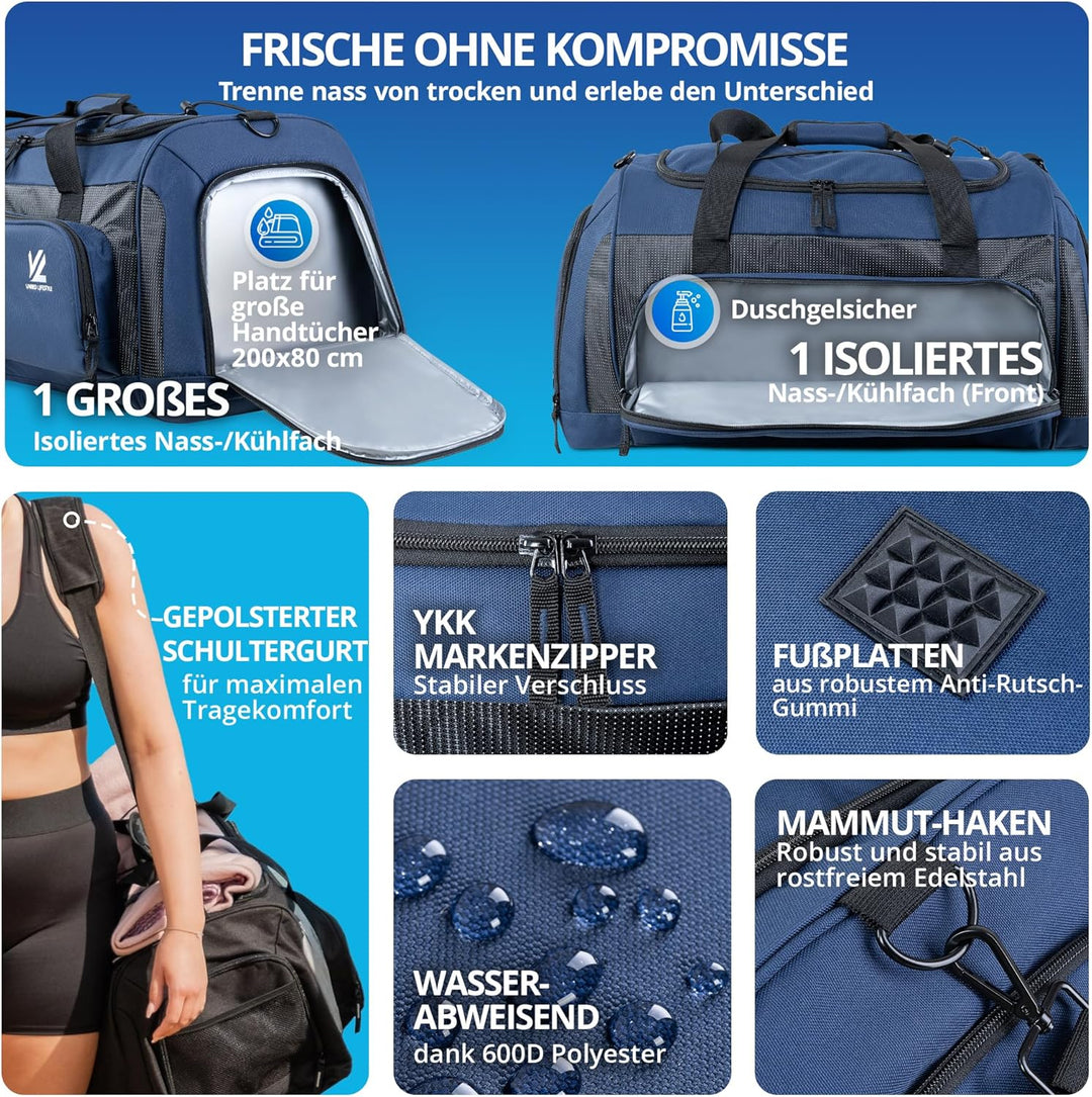 VL® Sporttasche Gross mit Schuhfach, Nassfach & [Isoliertes Kühlfach] Saunatasche & Reisetasche für