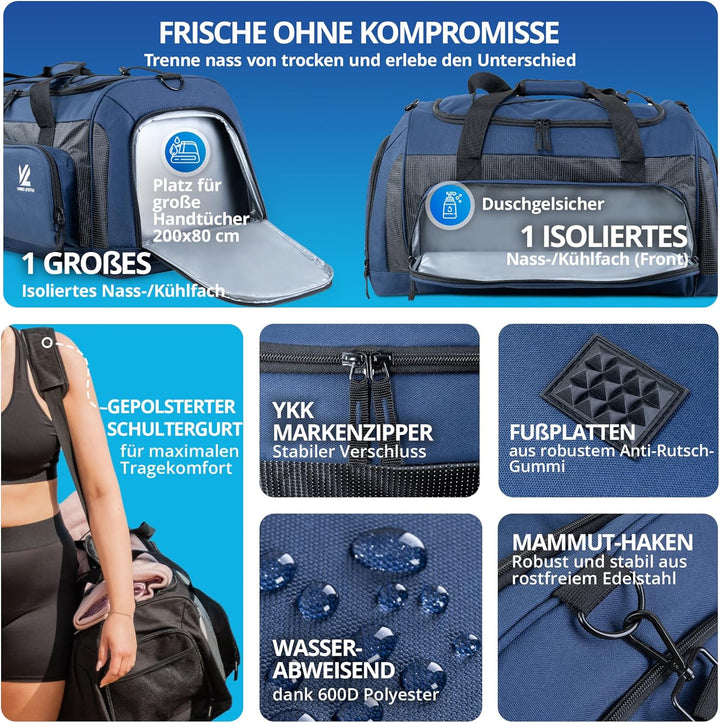 VL® Sporttasche mit Schuhfach, Nassfach & [Isoliertes Kühlfach] Saunatasche & Reisetasche für Damen