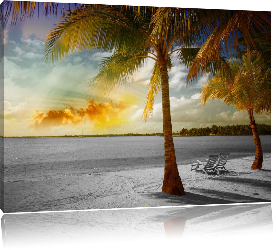 Liegestühle am Strand mit Palmen schwarz/weiss Format: 100x70 auf Leinwand, XXL riesige Bilder ferti