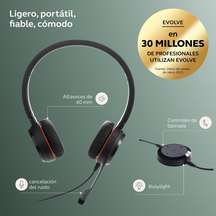 Jabra Evolve 30 II Microsoft Teams Certified USB-C Stereo Corded Headset with Call Control Unit - Co