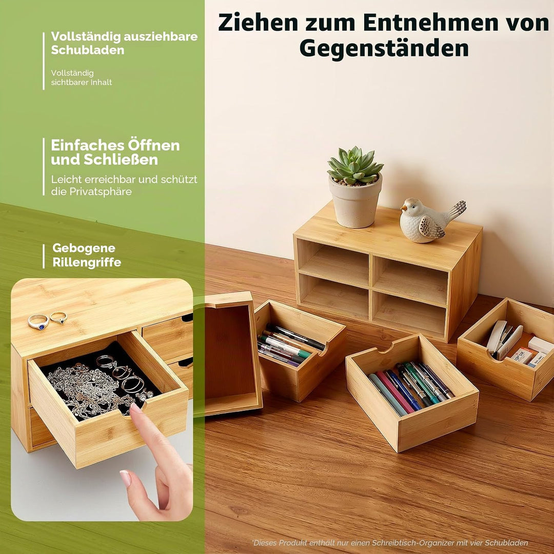 Desktop Aufbewahrung Box Bambus Vintage, 4-stufiges Schubladensystem mit stabiler Ablagefläche, natü