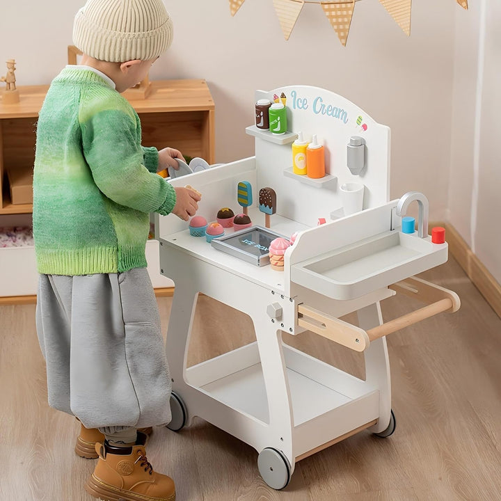 Eisdiele Kinder Holz Eisladen Spielzeug ab 3 Jahre Eiswagen kaufmannsladen mit 8 Eiscreme, 4 EIS am