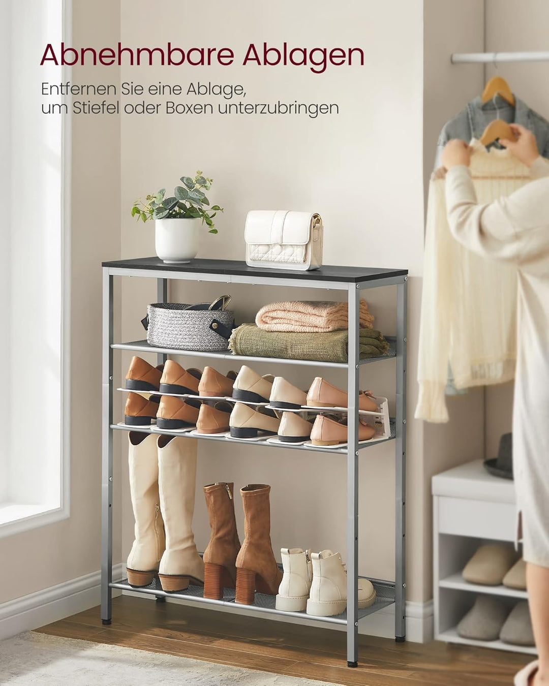 VASAGLE Schuhregal, Schuhablage, 5 Ebenen, grosse Oberfläche, verstellbare Gitterablagen, platzspare