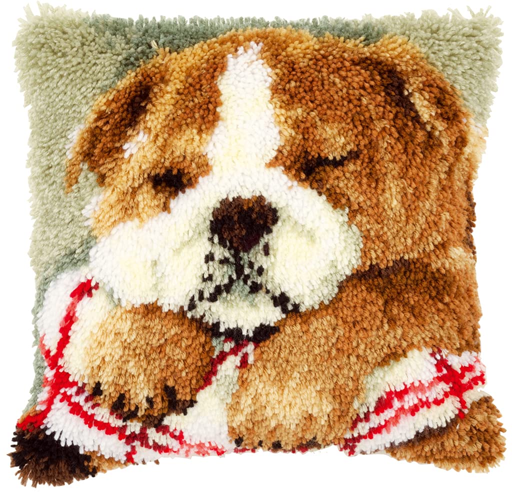 Vervaco Kleine schlafende Bulldoge Knüpfkissen mit Knüpfhaken, Baumwolle, Mehrfarbig, 40 x 40 x 1 cm
