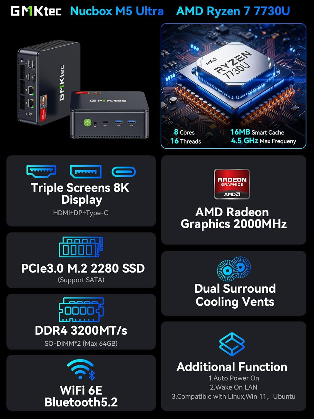 GMKtec AMD Ryzen 7 Mini PC W-11 Pro 7730U(Upgraded 7430U/ 5825U) (8 C/16 T4,50 GHz), M5 Ultra Dual L