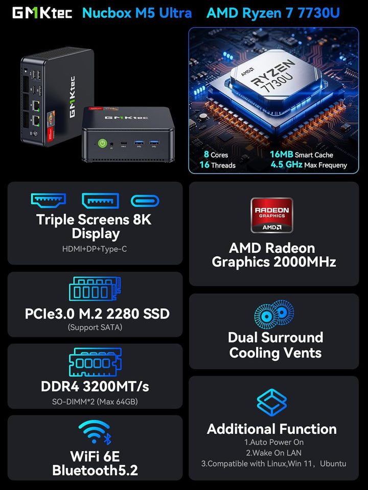 GMKtec AMD Ryzen 7 Mini PC W-11 Pro 7730U(Upgraded 7430U/ 5825U) (8 C/16 T4,50 GHz), M5 Ultra Dual L