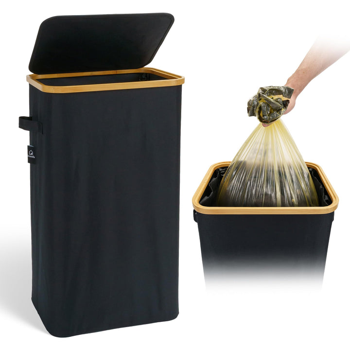 Müllsackhalter 90 Liter, moderner Stoff mit Bambusrahmen, Müllsackständer 90L, Mülleimer Mülltone ge