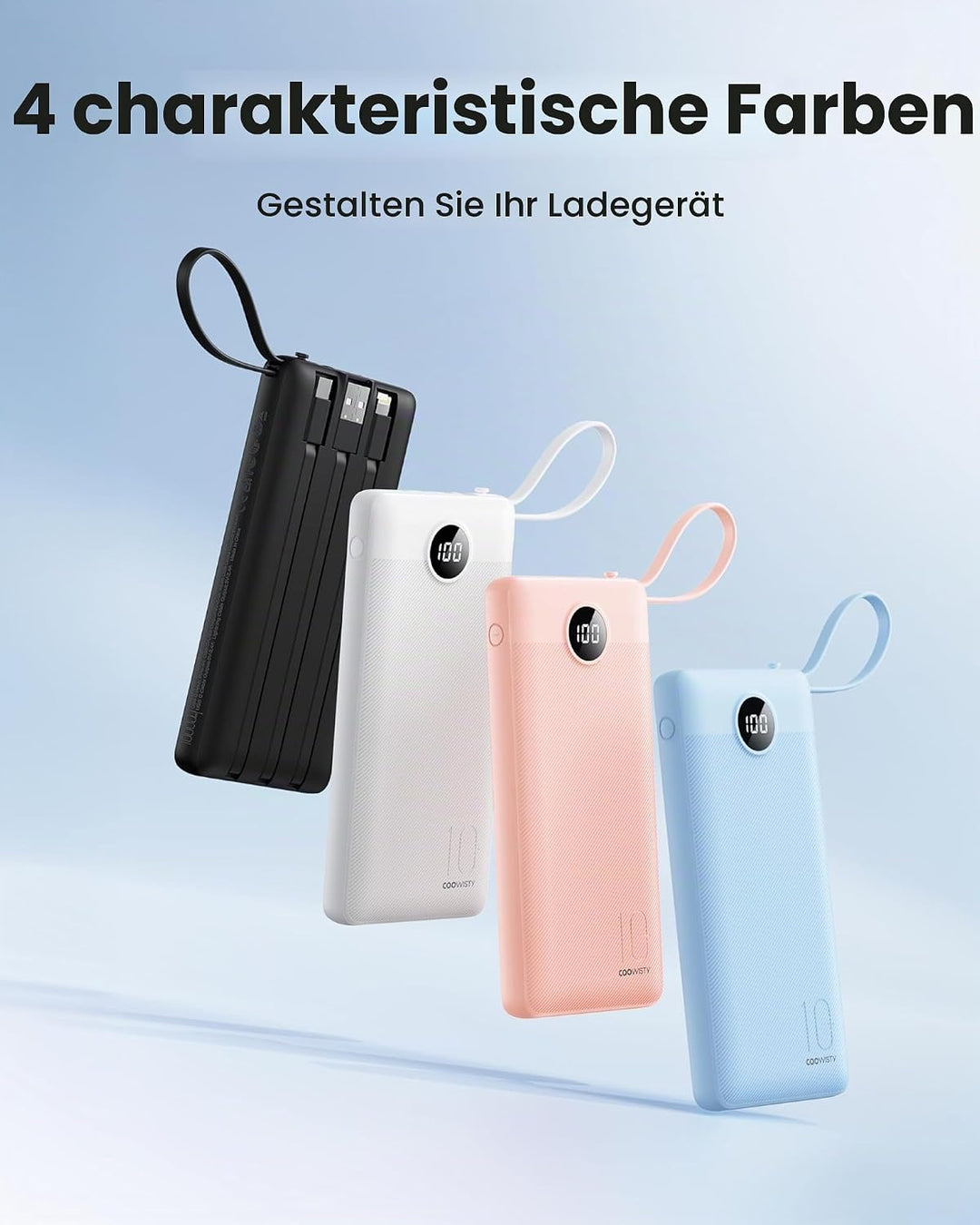 Power Bank mit Ladekabel, 10000mAh Tragbares Ladegerät USB C, 5 Ausgänge 2 Eingänge LED Display Exte