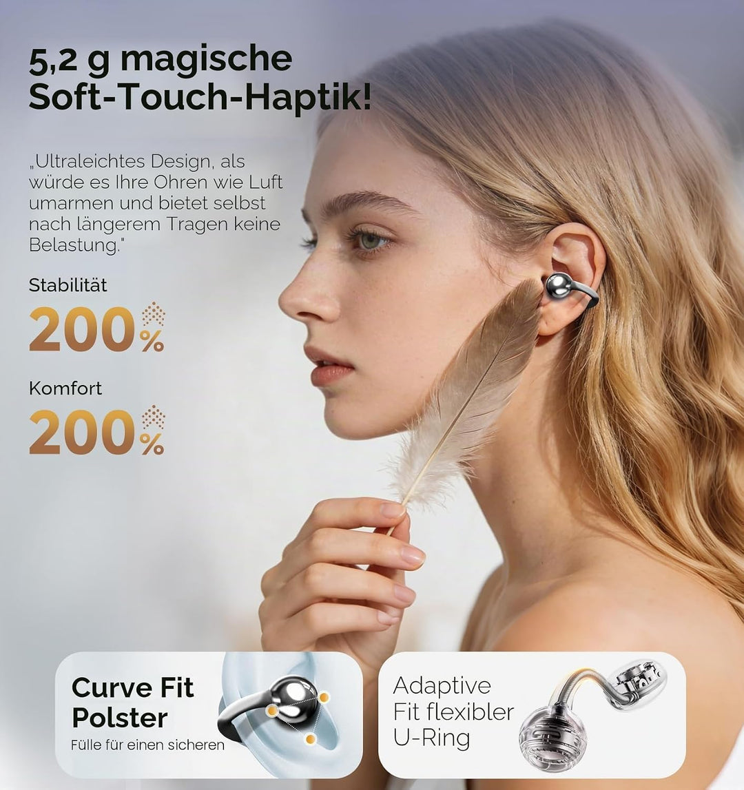 King Lucky Open-Ear-Kopfhörer Kabellos Bluetooth 6.0–Clip-On-Ohrhörer mit Mikrofon,50h Spielzeit,ENC