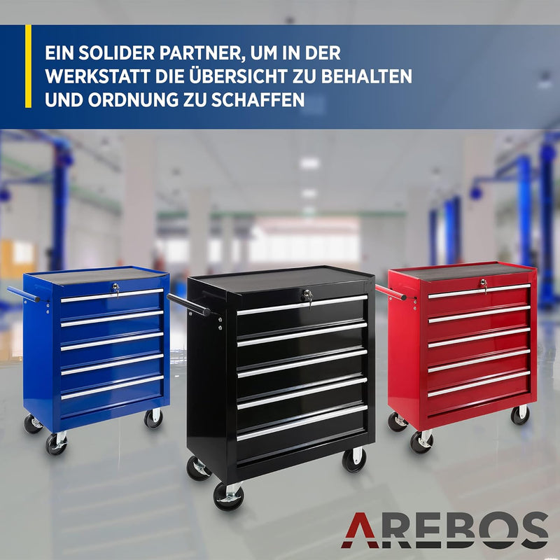 Arebos Werkstattwagen 5 Fächer | zentral abschliessbar | inkl. Antirutschmatten | kugelgelagerte Sch