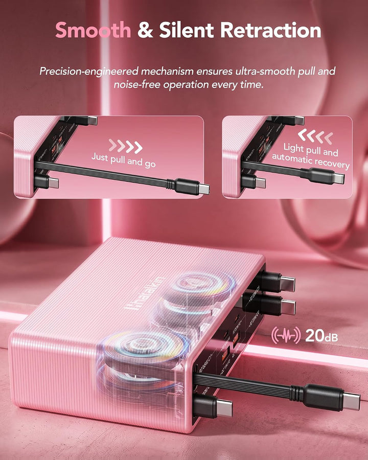 8 in 1 Retractable Charger USB C Ladegerät,105W Ladestation Mehrere Geräte Rosa 65W Kabel für 4 Typ