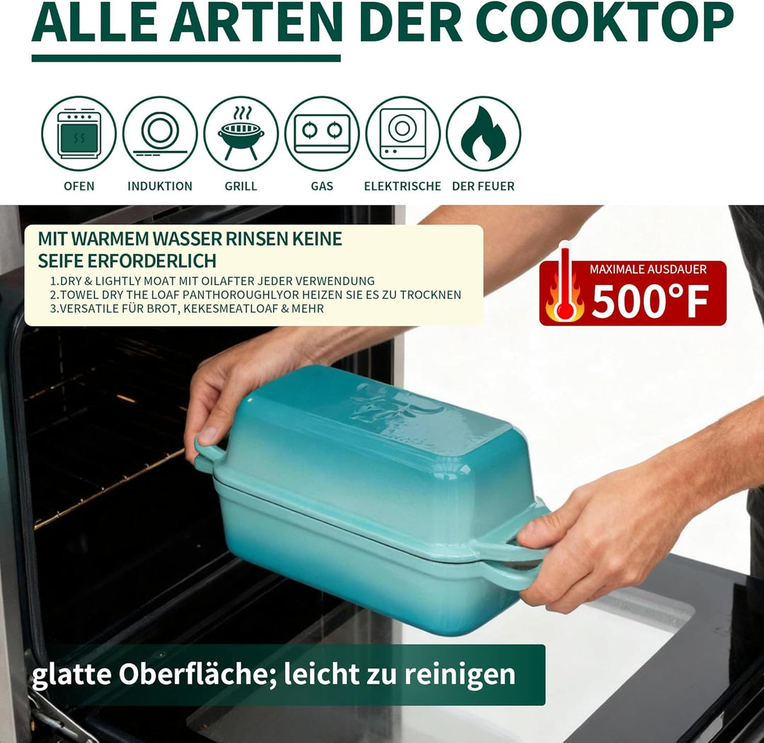 Brotbackform aus Gusseisen mit Deckel, Gusseisen Topf Brot Backen mit 2 Brotmatten Silikon, Emaille