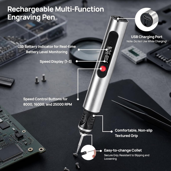 Multifunktionswerkzeug Akku Gravierstift Kabellos Gravur Werkzeug Kit mit 30 Bits, Gravierer 3-Gang-
