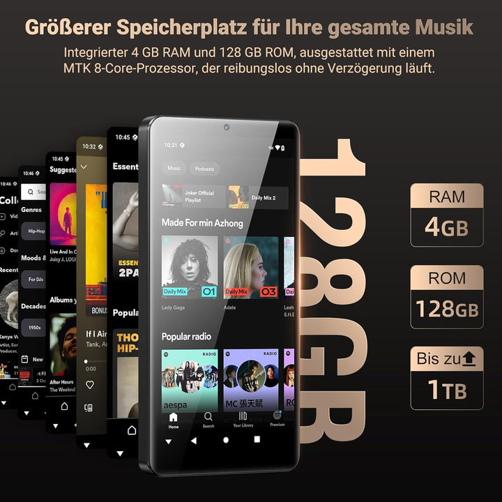 128GB MP3 Player mit Bluetooth WiFi und Kamera, Oilsky Android 13.0 Spotify MP3 Musik Player mit Lau