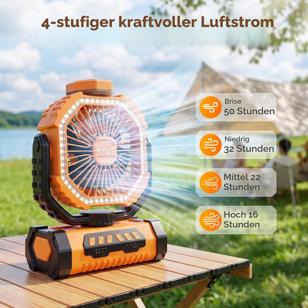 Outdoor Camping Ventilator mit Licht, 20000mAh Akku, wiederaufladbarer tragbarer Ventilator mit Fern
