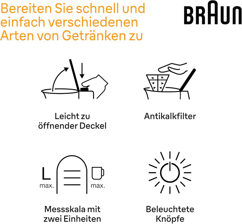 Braun PurShine Wasserkocher WK1500 WH – Teekocher mit 360° Basis, Abschaltautomatik, 1,7 L Füllmenge