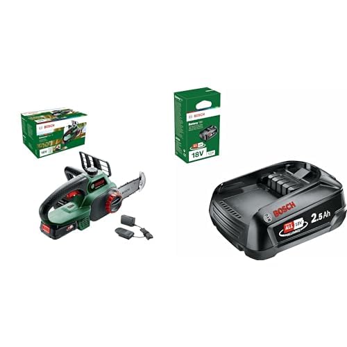 Bosch Akku Kettensäge Universalchain 18 (1 Akku, 18 Volt System, im Karton) &amp; 18 Volt Ersatz Akku (2