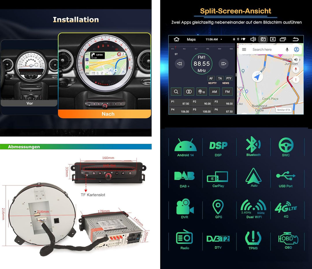 Erisin 7 Zoll Android 14 Autoradio Stereo GPS Navigation für BMW Mini Cooper Unterstützt CarPlay Blu