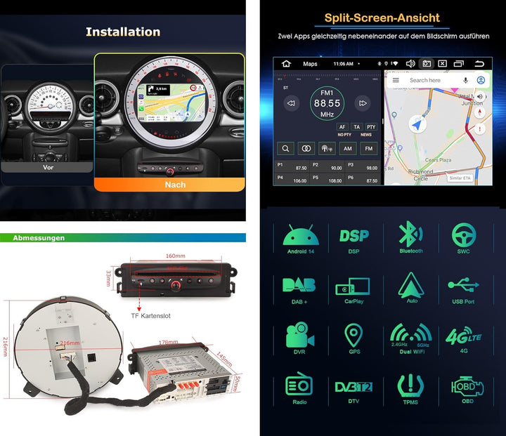 Erisin 7 Zoll Android 14 Autoradio Stereo GPS Navigation für BMW Mini Cooper Unterstützt CarPlay Blu