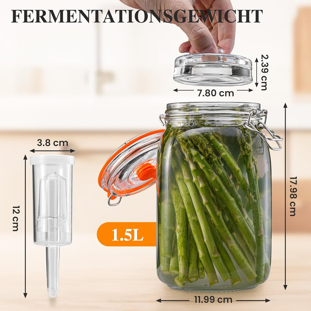 1,5L Fermentierglas, Fermentationsglas mit Gärventi & Gewicht, Gärglas für Sauerkraut, Kimchi, Kombu