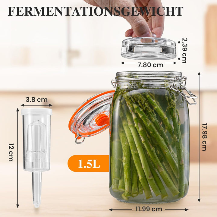 1,5L Fermentierglas, Fermentationsglas mit Gärventi & Gewicht, Gärglas für Sauerkraut, Kimchi, Kombu