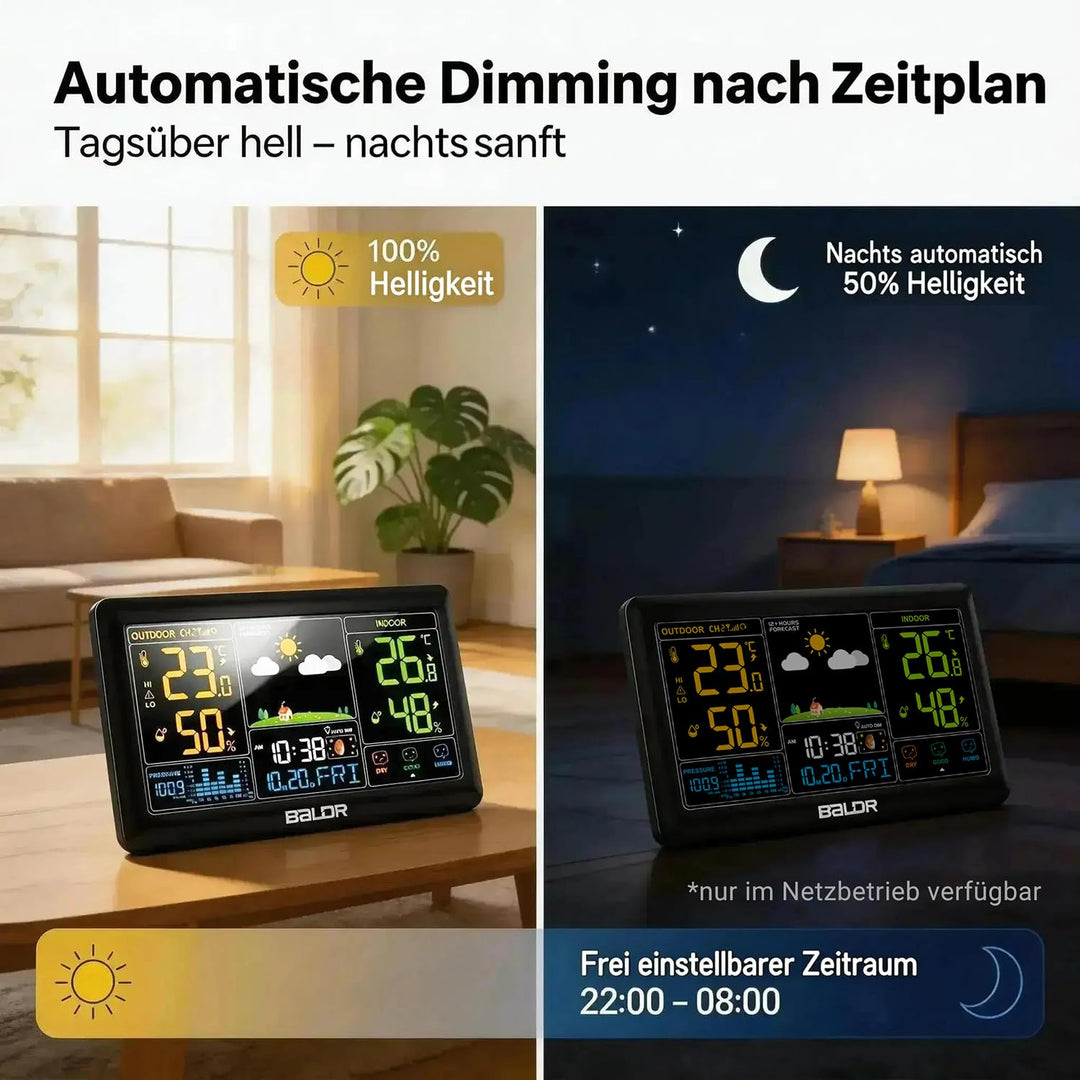 Konsen Wetterstation funk mit Aussensensor DCF Funkuhr, Grosses Farbdisplay mit Innen und Aussentemp