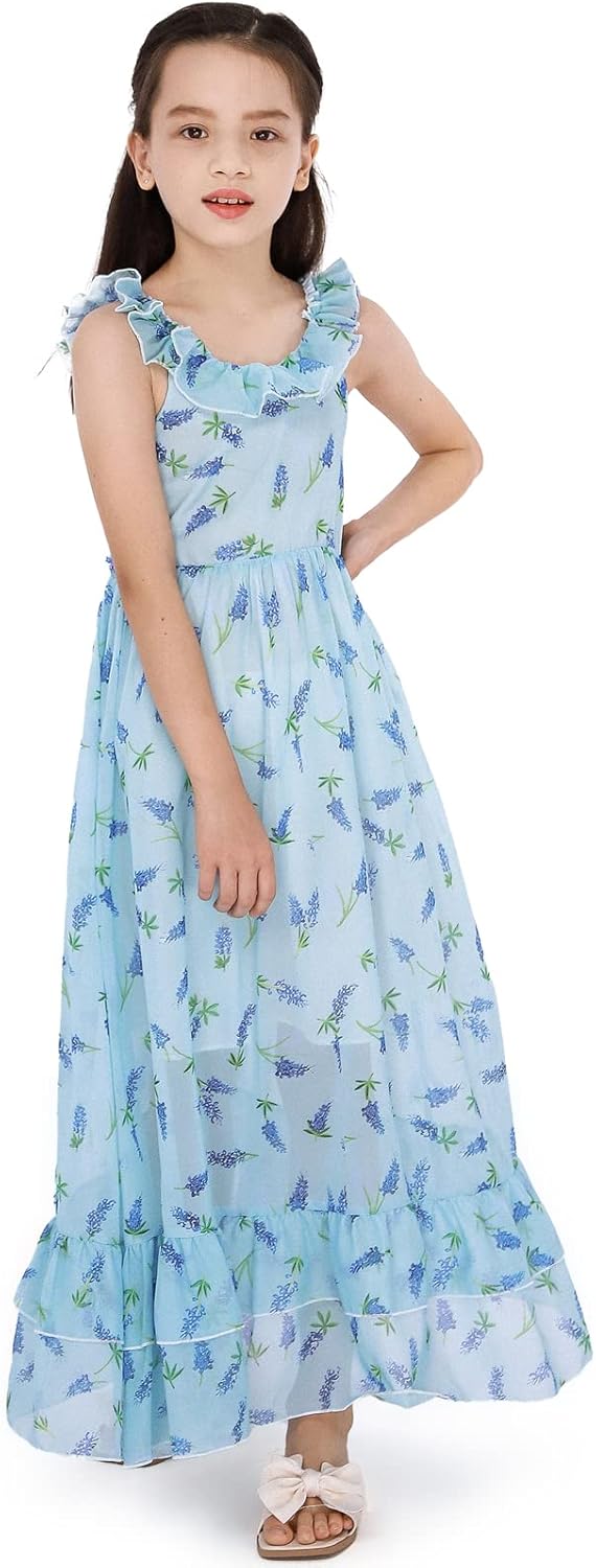 BONNY BILLY Mädchen Kleider Freizeit Blumen Sommerkleid Strandkleid Chiffonkleid Maxikleid mit Rüsch