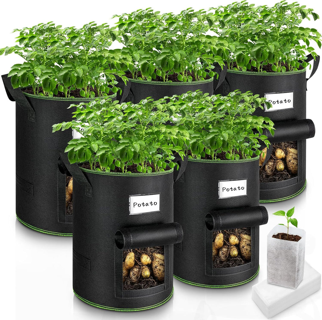 Kartoffel Pflanzsack, 5 Stück 40L Pflanzsäcke, Vliesstoff Pflanztasche mit Griffen &amp; Sichtfenster, P