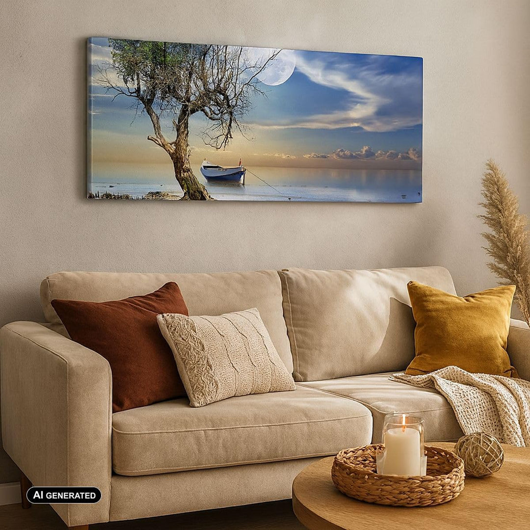 Wandbilder Dekoration Wohnzimmer Nacht Mond Boot Panorama Bilder auf Leinwand 120x50cm Leinwandbild