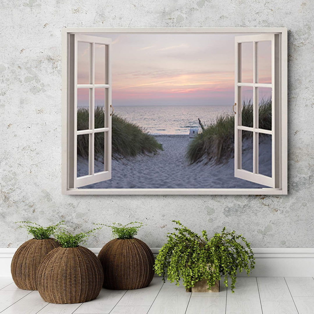 Feeby Wandbild Strand Druckbild Leinwandbild Fenster-Illusion mehrfarbig 90x60 cm Leinwandbild 90x60