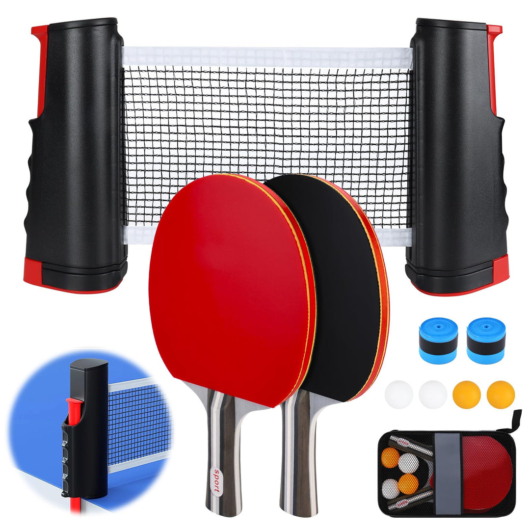 Tischtennisschläger Set,2 Schläger,4 Bälle (2X gelb, 2X weiss),Einziehbares Tischtennisnetz,2 Griffb