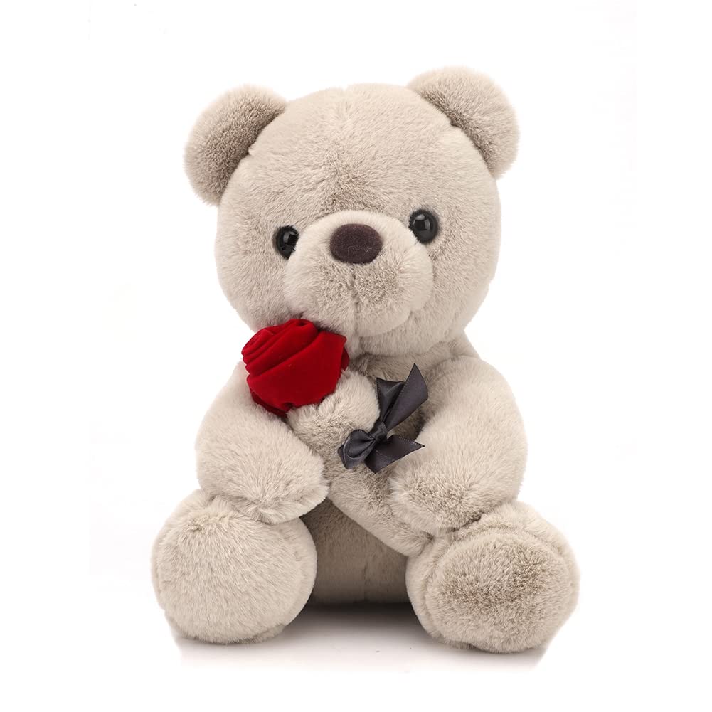 Teddybär, Plüsch-Bär, Teddy mit Rose, 23 cm Teddybären Rose Stofftier Spielzeug Dekozimmer Kissen, P