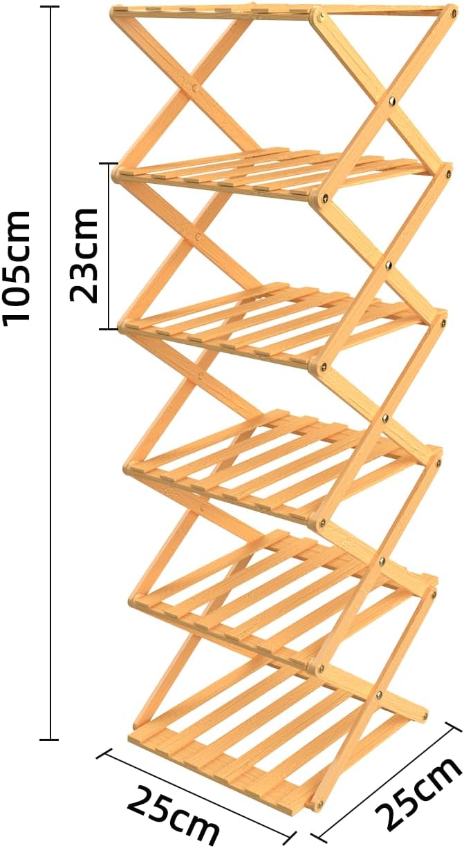 OHMG Faltbares Holzregal, 6 Ebenen, Schuhregal, faltbar, aus Bambus, leicht, mit starker Tragfähigke