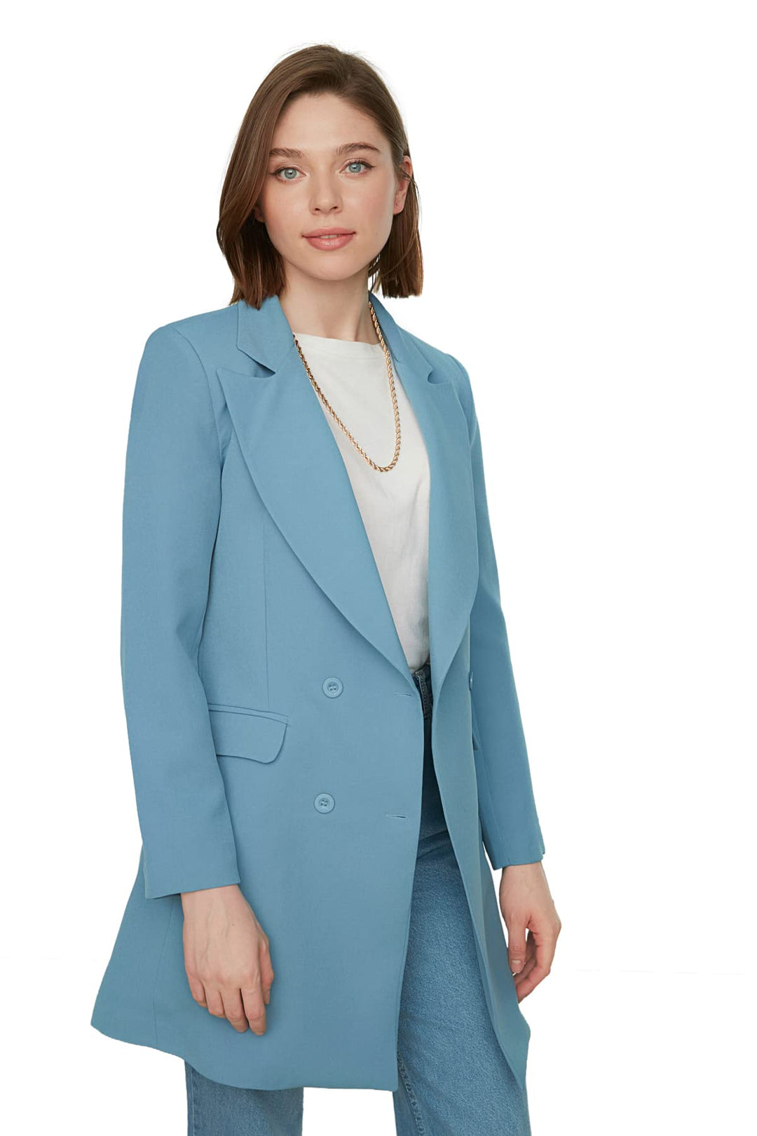 TRENDYOL Damen Double Button Mobile Detaillierte Gefütterte Gewebte Jacke Coat 44 Blau, 44 Blau
