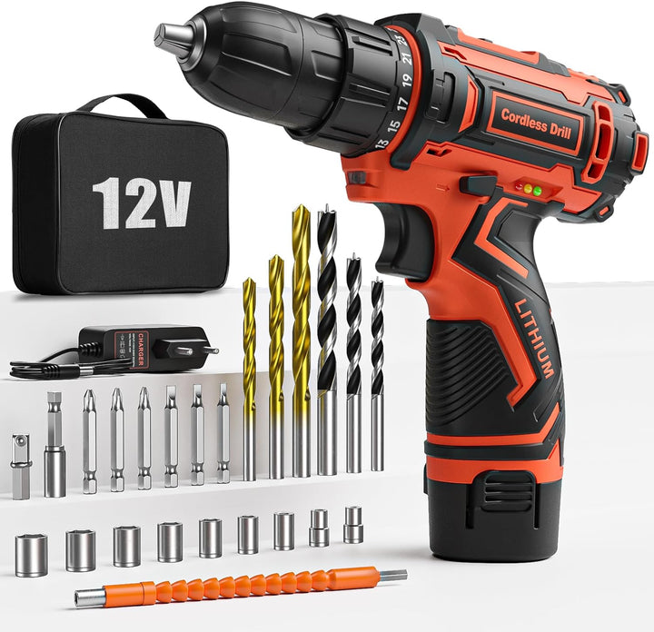 Akkuschrauber, 12V Akku Bohrschrauber Set mit 2000mAh Akku, 24tlg Zubehör und Tragetasche, Akkubohre
