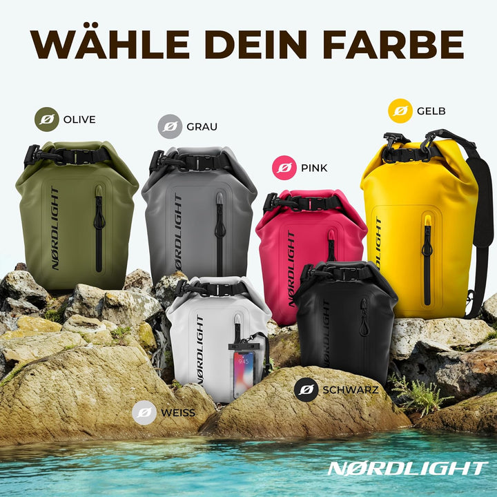 Nordlight Dry Bag wasserdichte Tasche mit Handyhülle + Roll-Top, Schultergurt | Drybag wasserfester