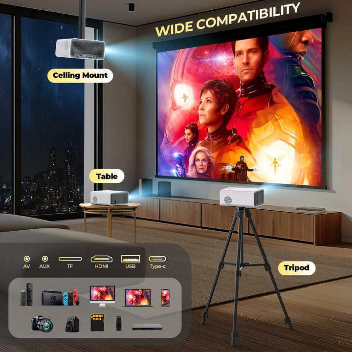 YUZINO 2024 Mini Beamer,【Elektrischer Fokus/Trapezkorrektur/Zoom】 15000Lumen Full HD 1080P WiFi Blue