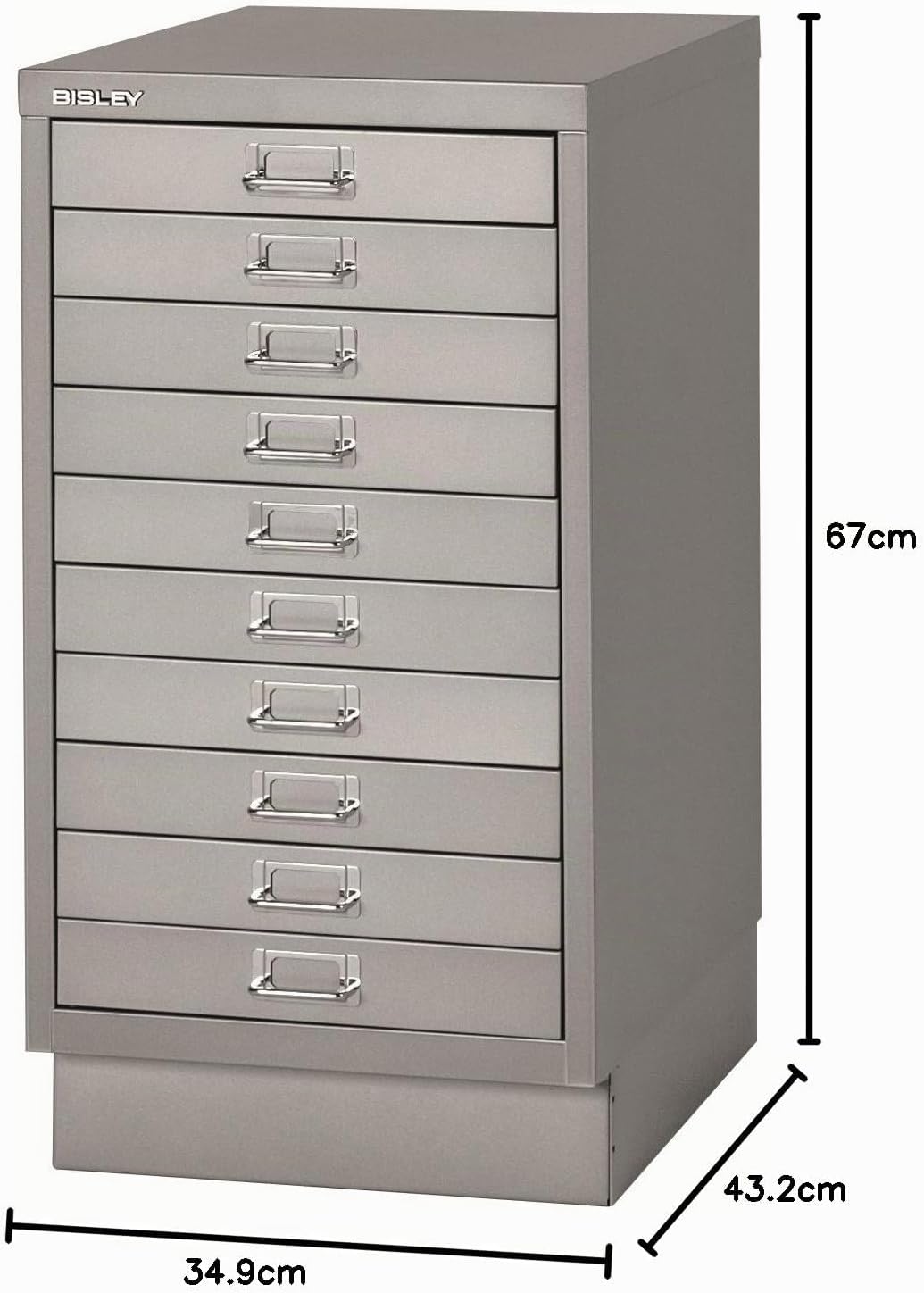 BISLEY MultiDrawer, 29er Serie mit Sockel, DIN A3, 10 Schubladen, Metall, 355 Silber, 43.2 x 34.9 x
