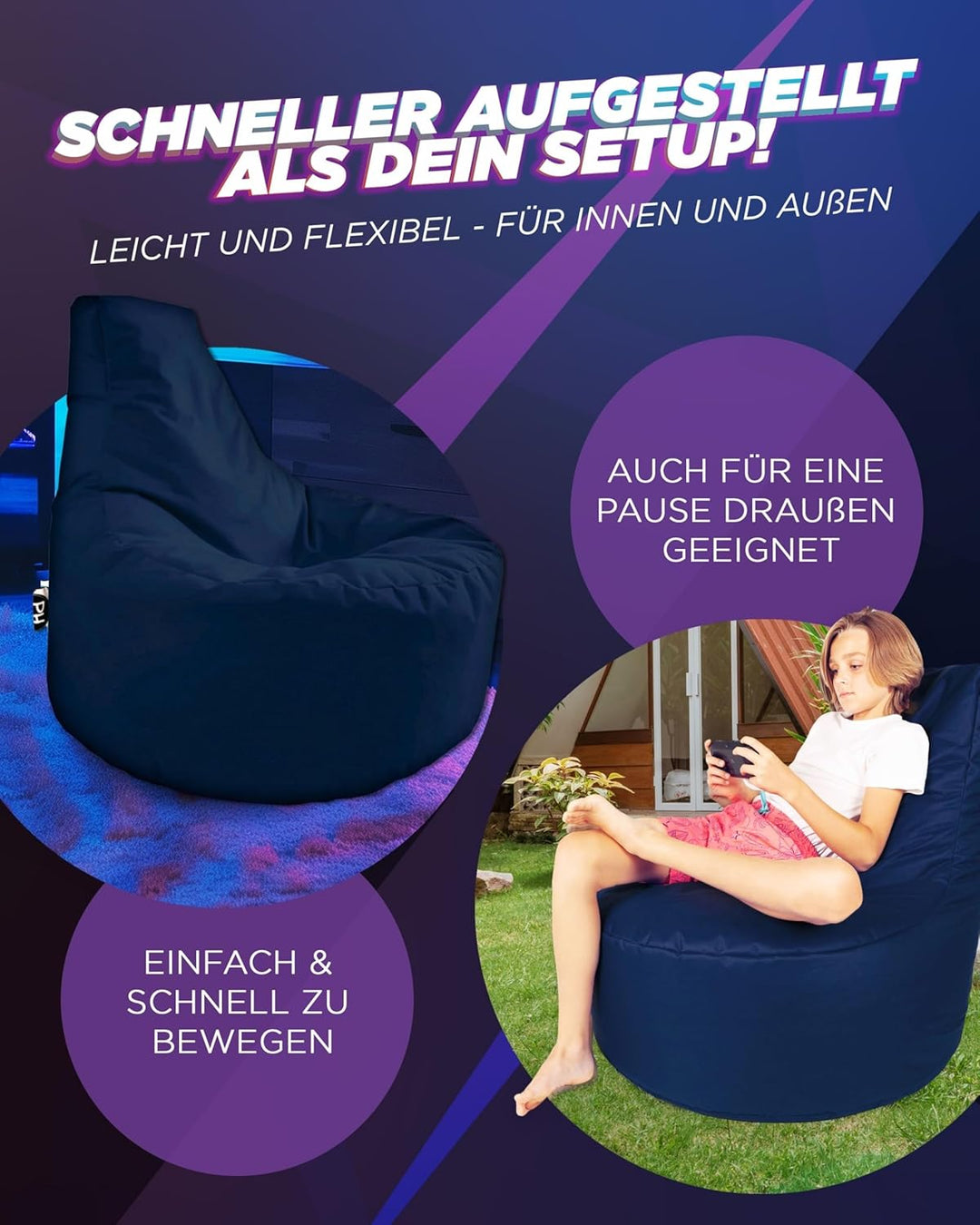 PATCH HOME Gamer Kissen & Lounge Sitzsack – befüllbar mit Reissverschluss, gefüllt mit Styropor, gee