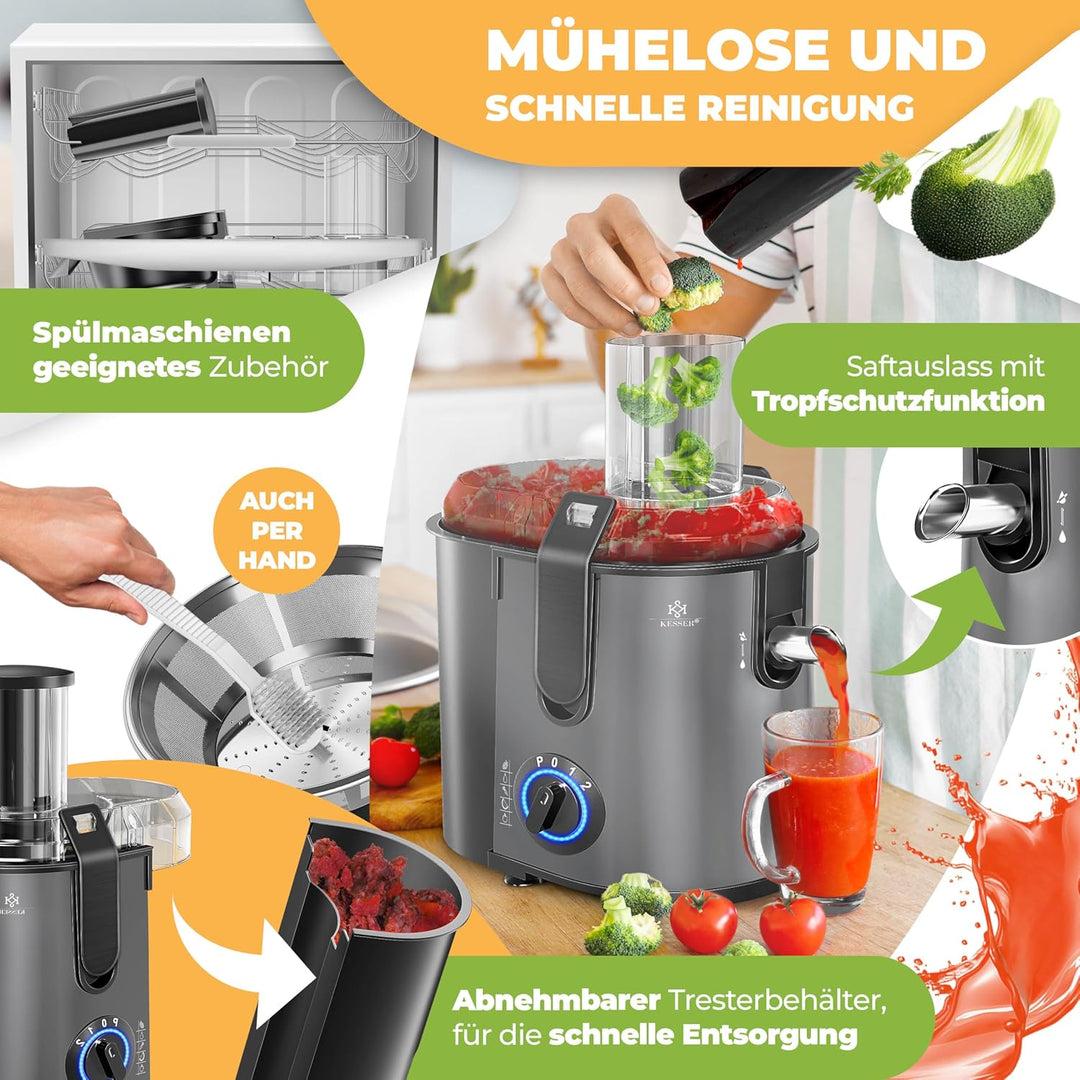 KESSER® Zentrifuge Entsafter für Obst | Gemüse aus Edelstahl 1100W, grosse Fütterungsröhre, 3 Stufen